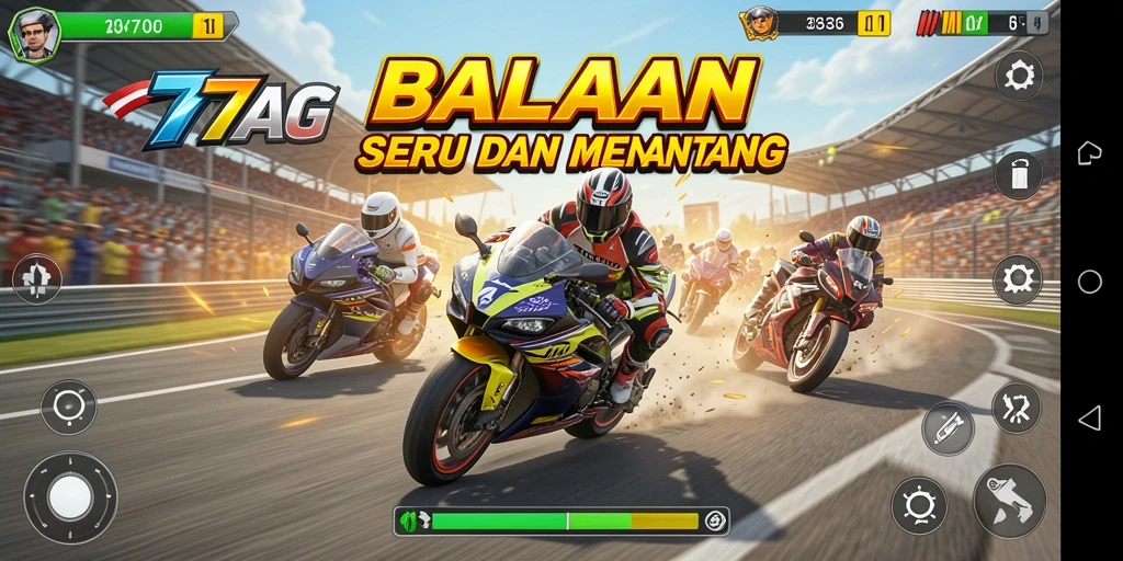Screenshot gameplay <strong>77AG</strong> menampilkan aksi balapan motor yang mendebarkan.