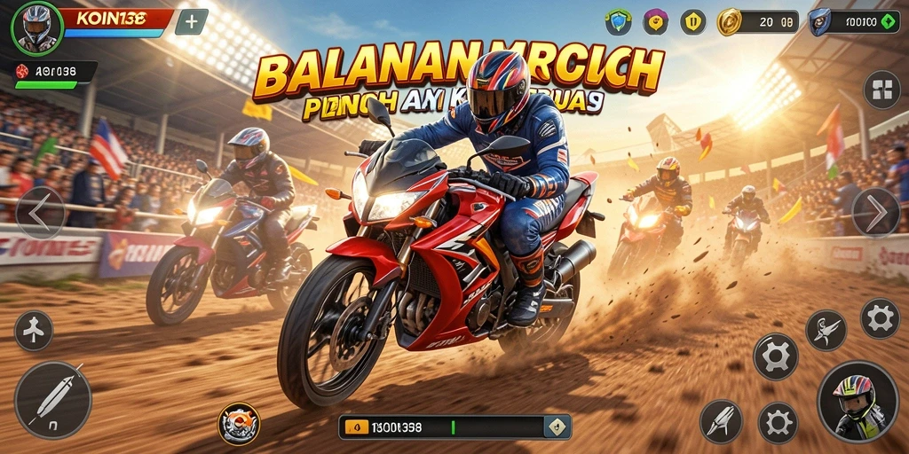 Tampilan gameplay <strong>KOIN138</strong> yang mendebarkan saat balapan motor.