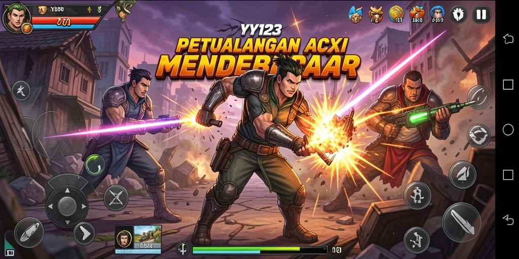 Screenshot utama YY123 menampilkan aksi seru dan intens dari gameplay.